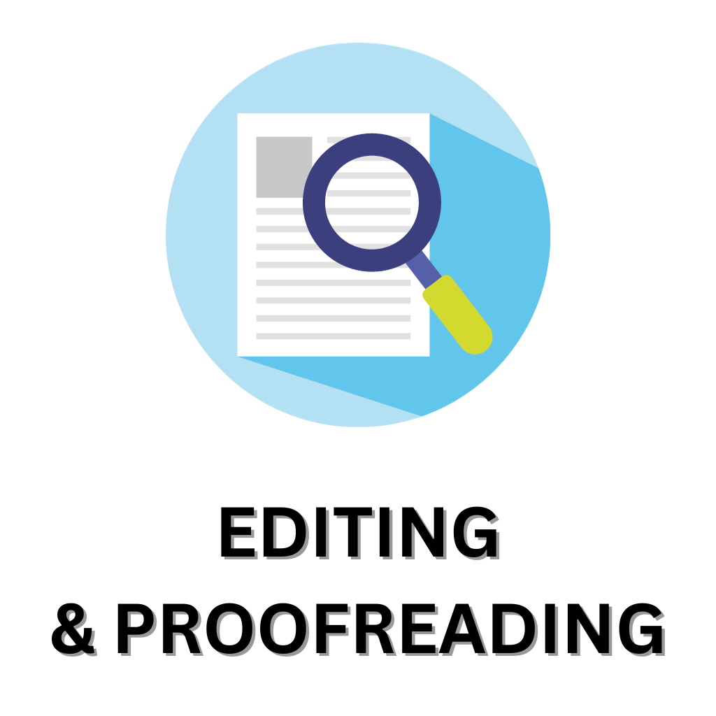 Editing & Proofreading - an icon displaying a magnifying glass over a lined sheet of paper in a circle.