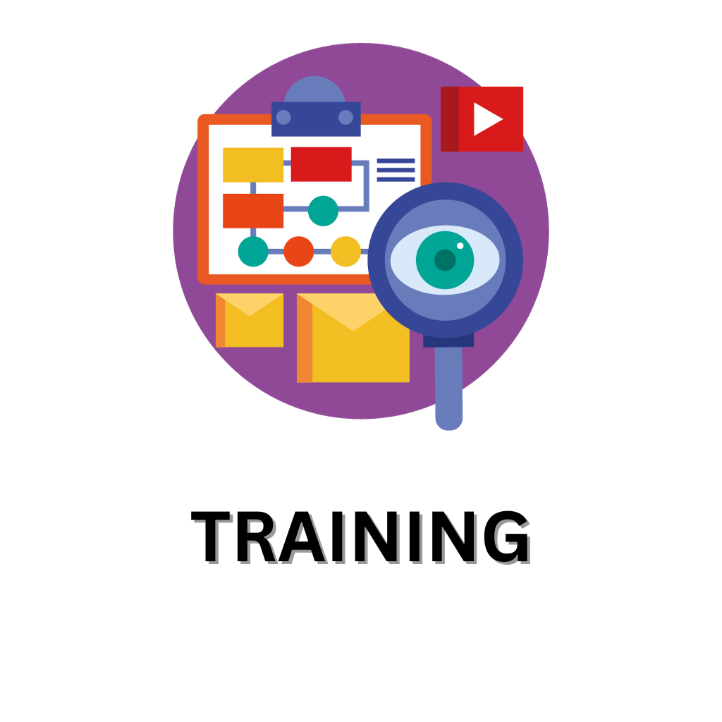 Training - an icon showing a colorful flow chart above two small brown envelopes next to a magnifying glass showing an eye and a play button.