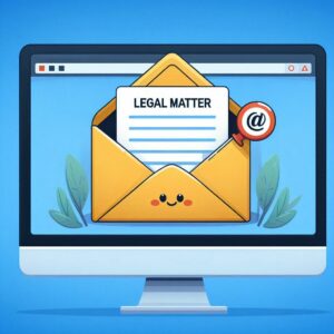 Legal email marketing: an open brown envelope on a monitor screen that shows a paper with the heading "legal matter" in block letters.