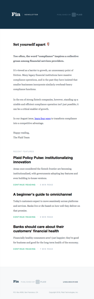 The Fin newsletter, featuring financial advice in a simple one-column e-newsletter format. It's a good example of how to make a professional newsletter.