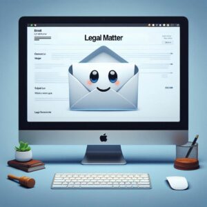 An Apple computer screen showing a white envelope with a letter poking out under the heading "Legal Matter." Good legal newsletter names aren't so generic.