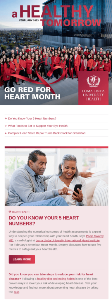 The healthcare newsletter created by Loma Linda University Health featuring the theme "Go Red for Heart Month."