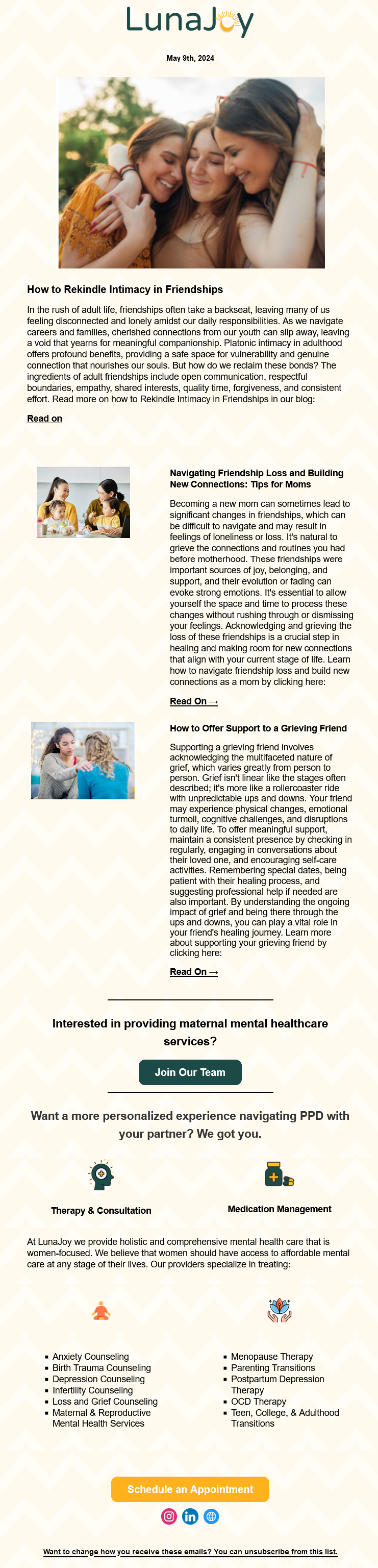 Professional services newsletter examples: the LunaJoy newsletter features a trio of ladies hugging before a series of mental health-oriented content.