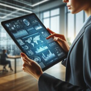 An effective business email marketing strategy includes strong visuals. A young woman in a suit looking at the screen of a large tablet PC showing graphs and charts. 