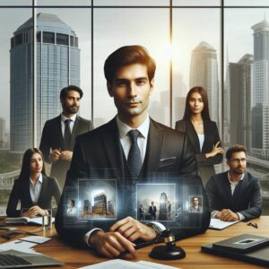 Law firm newsletters showcase a firm's professionalism.

A young man seated at a desk wearing a brown suit holding a gavel with two men and two women behind him, to his left and right. Skyscrapers are visible through windows behind them. In front of the man are images related to city law firms.