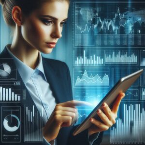 A young woman with brown hair tied in a bun wearing a suit and pointing a finger at a tablet PC as she holds it; the screen projects images of charts and graphs beside her. Easy to read content is a crucial part of how to create a professional email newsletter.