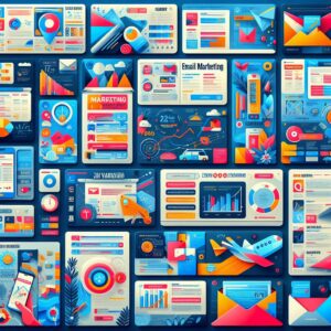 A series of business newsletter-themed icons that show what should be included in a newsletter, such as envelopes and charts and graphs in white and shades of orange, blue, and gray. 