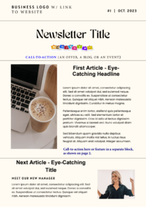 Professional services newsletter template PDF: A newsletter template showing a basic layout with places for a business logo, date, title, and articles.