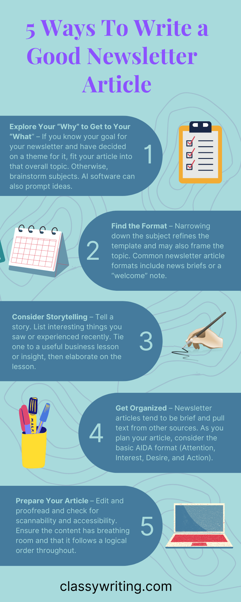 "5 Ways to Write a Good Newsletter Article" infographic that shows how to write an article for a newsletter.