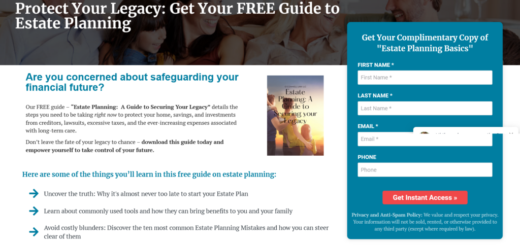 O'Connell Law's landing page for their free estate planning guide.