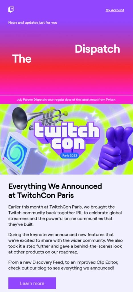 An issue of "The Dispatch" featuring a write up about TwitchCon Paris -- how to write a newsletter article about an event sample.