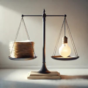 A balanced scale with a tall stack of papers on one side and a glowing lightbulb on the other, symbolizing the balance involved in creating relevant content